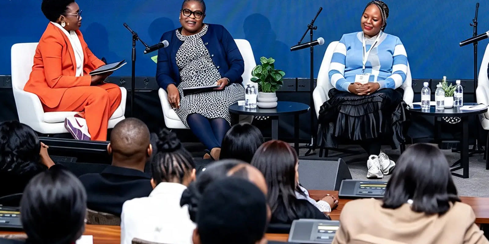 A panel discussion on stage at the National Aviation Gender Summit, with delegates watching from the floor